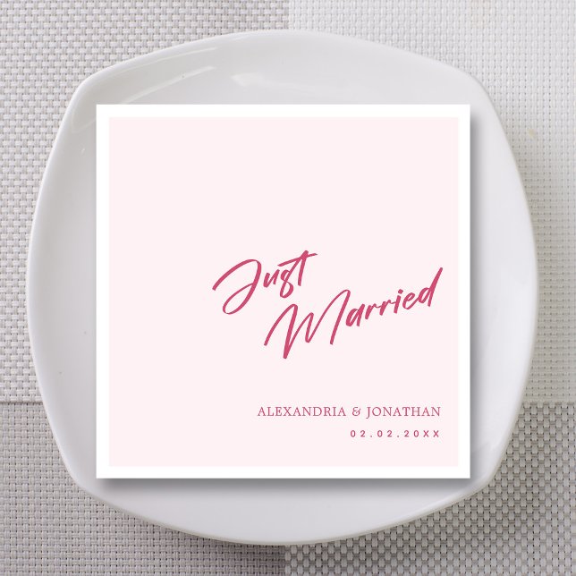Elegant Red Just Married Custom Wedding Napkins Serviette (Personalized 'Just Married' Pink Script Wedding Napkins)