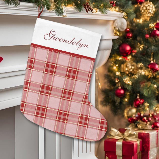 Elegant Red Kariert Großer Weihnachtsstrumpf (Elegant Red Plaid Large Christmas Stocking)