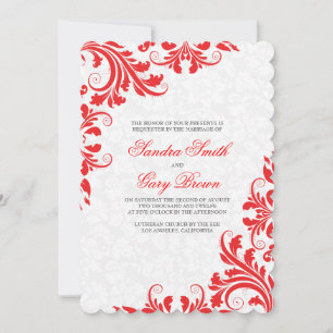 Elegant Red Lace White Damasks Wedding Einladung