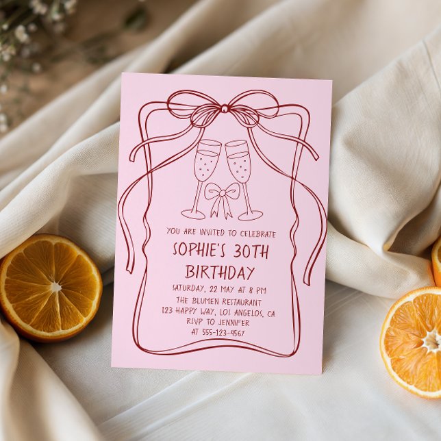 Elegant Red Line Art Bow & Champagne 30th Birthday Einladung (Von Creator hochgeladen)