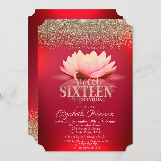 Elegant Red Lotus Gold Confetti Diamond Sweet 16 Einladung (Vorne/Hinten)