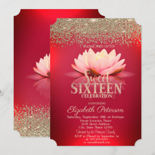 Elegant Red Lotus Gold Confetti Diamond Sweet 16 Einladung