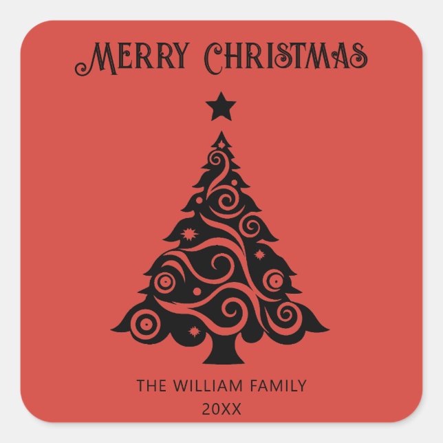 Elegant Red Merry Christmas Tree Weihnachtsgeschen Quadratischer Aufkleber (Vorderseite)