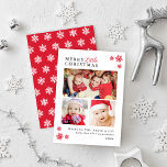 Elegant Red Merry Little Christmas Foto Collage Feiertagskarte<br><div class="desc">Diese moderne und elegante Urlaubskarte mit "Merry Little Christmas" in dunkelgrauem Foto mit rotem Schriftzeichen-Akzent. Enthält eine Zusammenstellung von drei Foto-Räumen, einen benutzerdefinierten Gruß und Platz, um Familiennamen zu enthalten. Rote Schneeflocken beleuchten den vorderen Titel und ein komplementäres Weiß auf rotem Winterschneeflockenmuster zieht sich auf der Kartenrückseite an. Dieses Design...</div>