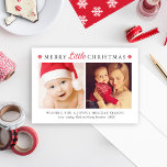 Elegant Red Merry Little Christmas Foto Collage Feiertagskarte<br><div class="desc">Diese moderne und elegante Urlaubskarte bietet "Merry Little Christmas" in dunkelgrauem klassischem Text mit rotem Schriftzeichen-Akzent. Enthält zwei Foto-Leerzeichen, einen benutzerdefinierten Gruß und Platz, um Familiennamen einzufügen. Rote Schneeflocken beleuchten den vorderen Titel und ein komplementäres Weiß auf rotem Winterschneeflockenmuster zieht sich auf der Kartenrückseite an. Dieses Design ist perfekt für...</div>