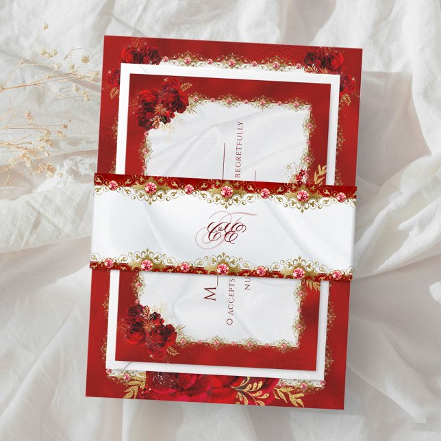Elegant Red Metallic Monogram Script Wedding Einladungsbanderole (Von Creator hochgeladen)