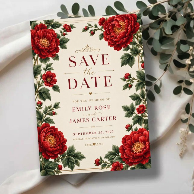 Elegant Red Peony Floral  Save The Date (Von Creator hochgeladen)