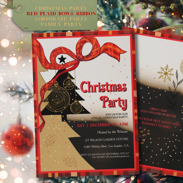 Elegant Red Plaid Ribbon Christmas Party  Einladung (Elegant Red Plaid Ribbon Christmas Party Invitation)
