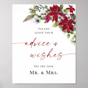 Elegant Red Poinsettia Advice & Wishings Wedding Poster