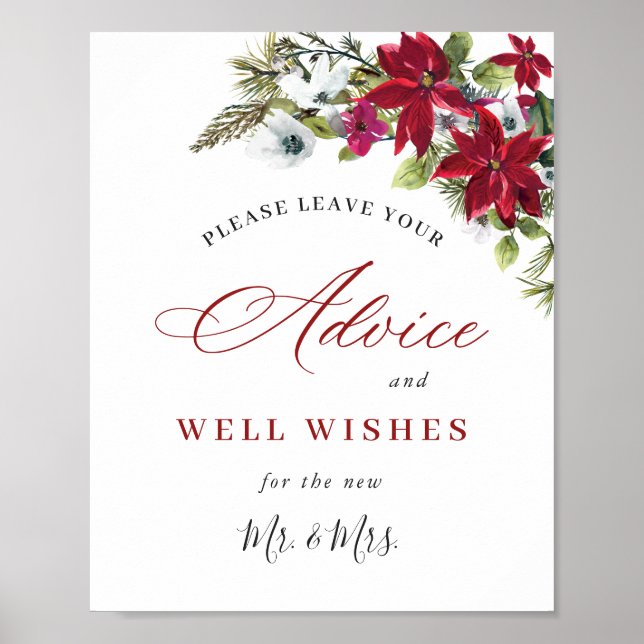 Elegant Red Poinsettia Advice & Wishings Wedding Poster (Vorne)