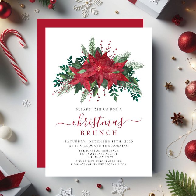 Elegant Red Poinsettia Blumenweihnachtsfest Einladung (Elegant Red Poinsettia Floral Christmas Brunch Invitation)