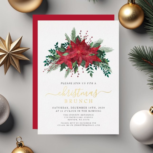 Elegant Red Poinsettia Blumenweihnachtsfest Folieneinladung (Elegant Red Poinsettia Floral Christmas Brunch Foil Invitation)