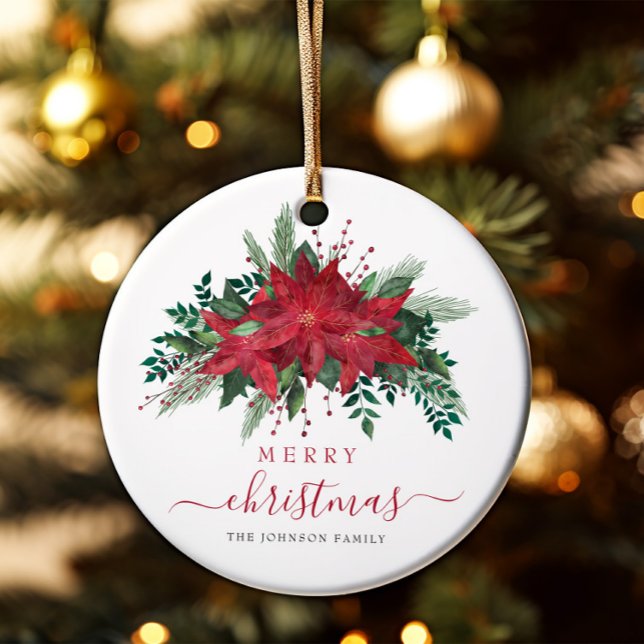 Elegant Red Poinsettia Floral Frohe Weihnachten Keramik Ornament (Elegant Red Poinsettia Floral Merry Christmas Ceramic Ornament)