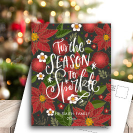 Elegant Red Poinsettia Floral Modern Script Chic H Feiertagspostkarte