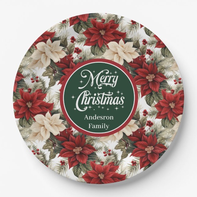 Elegant Red Poinsettia Floral Paper Plates Gift  Pappteller (Vorderseite)