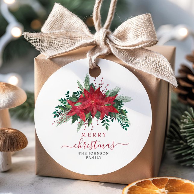Elegant Red Poinsettia Floral Script Weihnachten Geschenkanhänger (Elegant Red Poinsettia Floral Script Christmas Favor Tags)