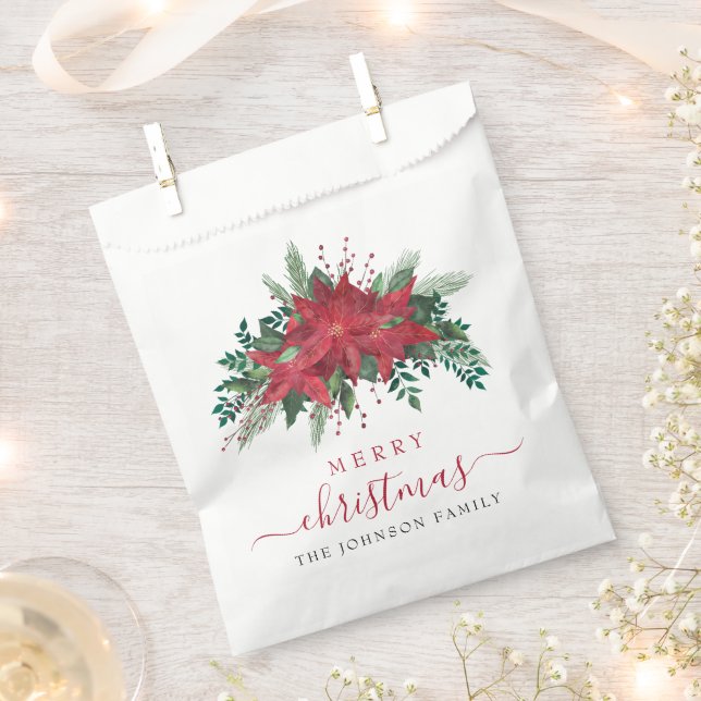 Elegant Red Poinsettia Floral Script Weihnachten Geschenktütchen (Ausgeschnitten)