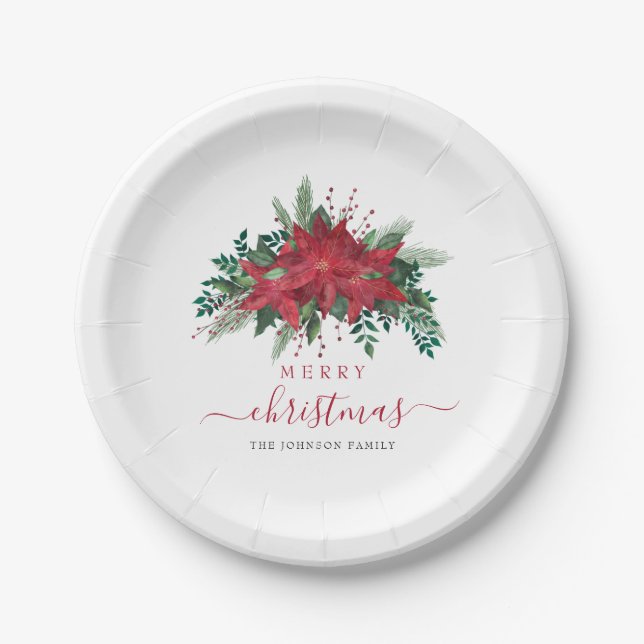 Elegant Red Poinsettia Floral Script Weihnachten Pappteller (Vorderseite)