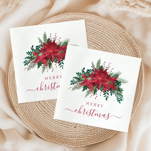 Elegant Red Poinsettia Floral Script Weihnachten Serviette (Elegant Red Poinsettia Floral Script Christmas Napkins)