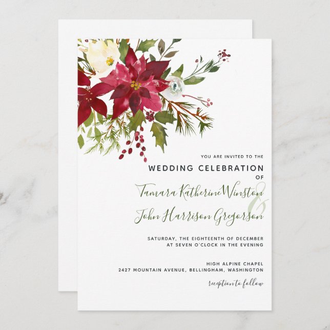 Elegant Red Poinsettia Grüne Weihnachtsfeier Einladung (Vorne/Hinten)
