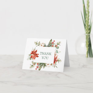 Elegant Red Poinsettia Pine Fir Watercolor Vielen  Dankeskarte