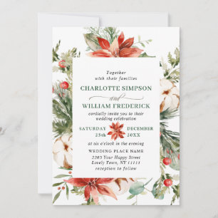 Elegant Red Poinsettia Pine Fir Watercolor Wedding Einladung