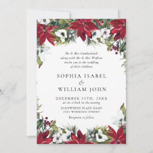 Elegant Red Poinsettia Pine Fir Watercolor Wedding Einladung