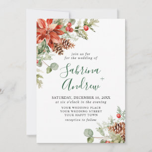 Elegant Red Poinsettia Pine Fir Watercolor Wedding Einladung