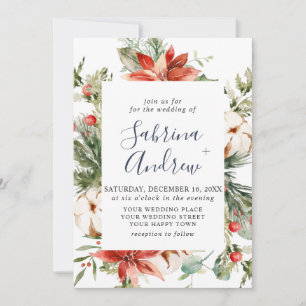 Elegant Red Poinsettia Pine Fir Watercolor Wedding Einladung