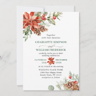 Elegant Red Poinsettia Pine Fir Watercolor Wedding Einladung