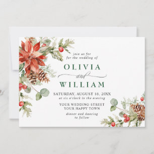 Elegant Red Poinsettia Pine Fir Watercolor Wedding Einladung