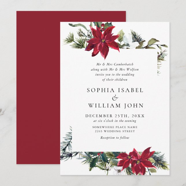 Elegant Red Poinsettia Pine Fir Watercolor Wedding Einladung (Vorne/Hinten)