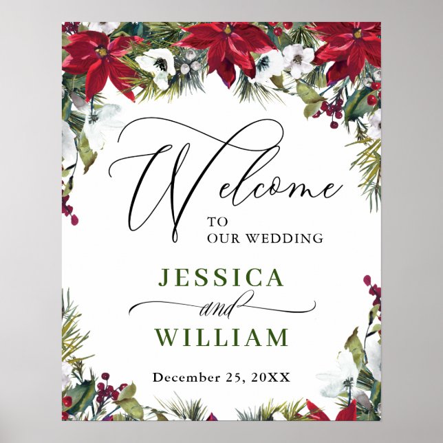 Elegant Red Poinsettia Pine Fur Wedding Willkommen Poster (Vorne)