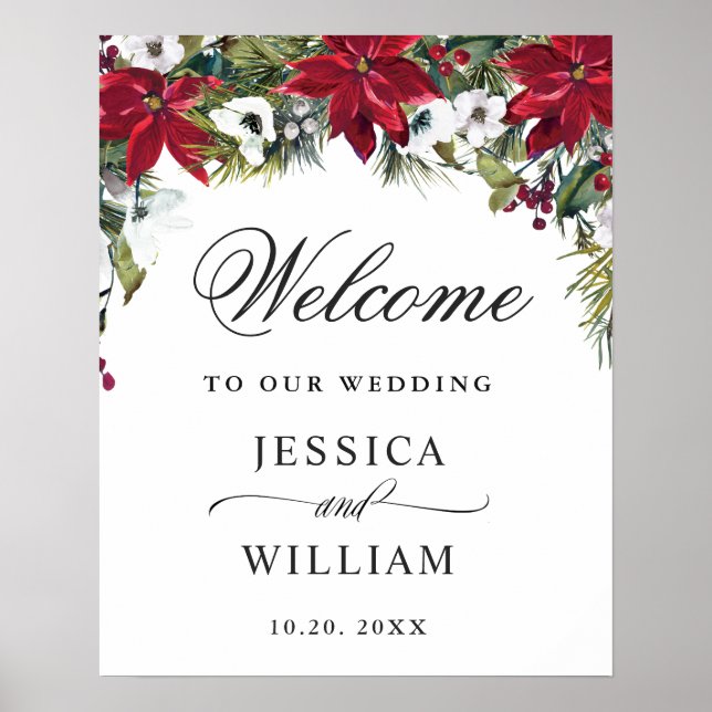 Elegant Red Poinsettia Pine Fur Wedding Willkommen Poster (Vorne)