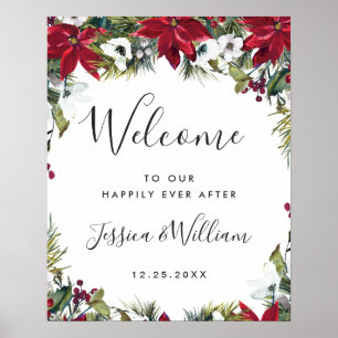 Elegant Red Poinsettia Pine Fur Wedding Willkommen Poster