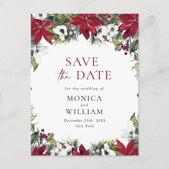 Elegant Red Poinsettia Pine Wedding Save the Date Ankündigungspostkarte (Vorderseite)