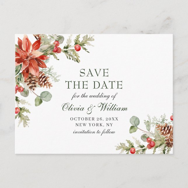 Elegant Red Poinsettia Pine Wedding Save the Date Ankündigungspostkarte (Vorderseite)
