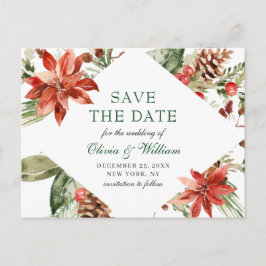 Elegant Red Poinsettia Pine Wedding Save the Date Ankündigungspostkarte