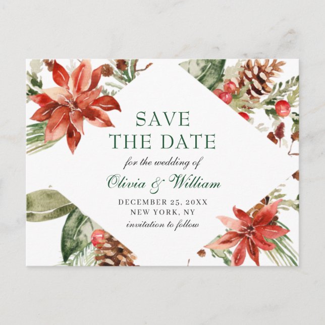 Elegant Red Poinsettia Pine Wedding Save the Date Ankündigungspostkarte (Vorderseite)