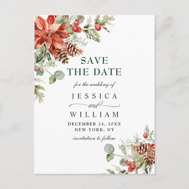 Elegant Red Poinsettia Pine Wedding Save the Date Ankündigungspostkarte (Vorderseite)