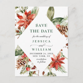 Elegant Red Poinsettia Pine Wedding Save the Date Ankündigungspostkarte