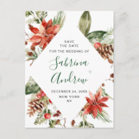 Elegant Red Poinsettia Pine Wedding Save the Date
