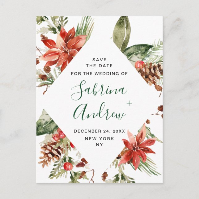Elegant Red Poinsettia Pine Wedding Save the Date Postkarte (Vorderseite)