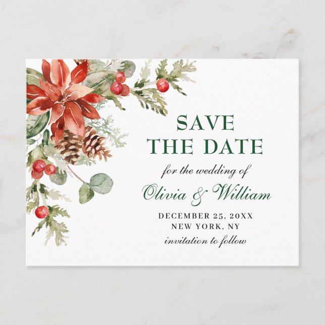 Elegant Red Poinsettia Pine Wedding Save the Date Postkarte (Vorderseite)