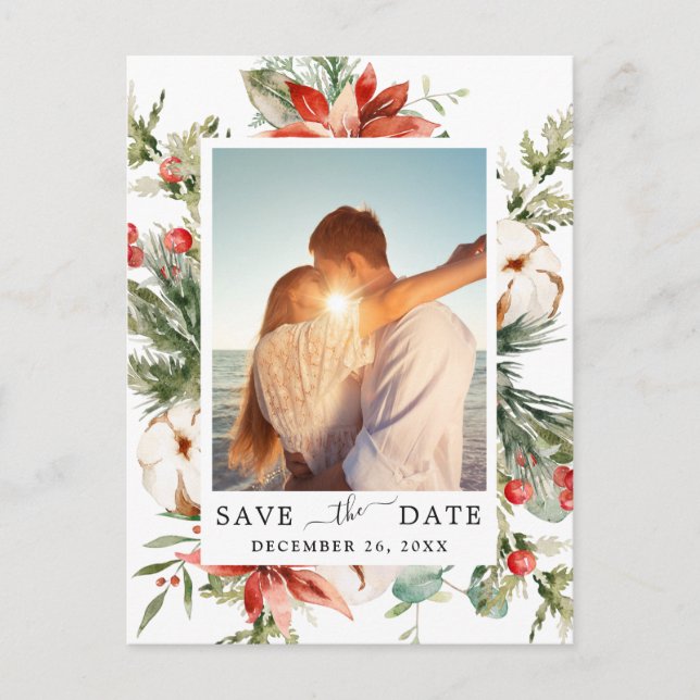 Elegant Red Poinsettia Pine Wedding Save the Date Postkarte (Vorderseite)