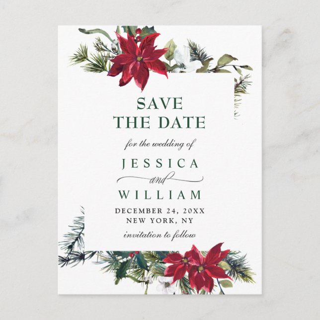 Elegant Red Poinsettia Pine Wedding Save the Date Postkarte (Vorderseite)