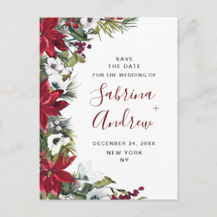 Elegant Red Poinsettia Pine Wedding Save the Date Postkarte