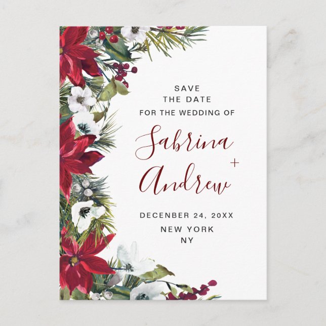 Elegant Red Poinsettia Pine Wedding Save the Date Postkarte (Vorderseite)