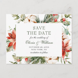Elegant Red Poinsettia Pine Wedding Save the Date Postkarte
