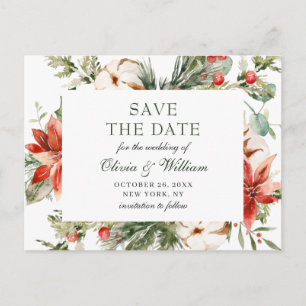 Elegant Red Poinsettia Pine Wedding Save the Date Postkarte